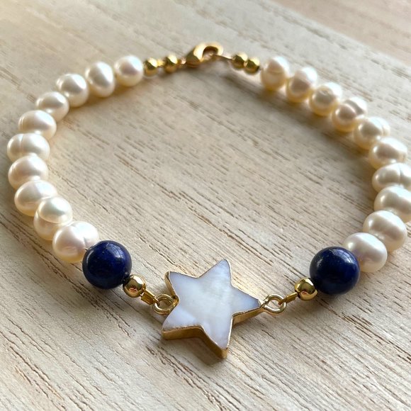 Bracelet Pearl with Blue Lapis and Mother Pearl Star, Plus Size 8 inch - Picture 1 of 2
